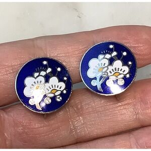 Vintage Enamel Earrings White Flower Blue Screw Back
